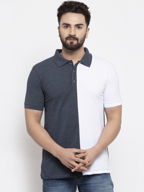 Kalt Men White & Navy Blue Colourblocked Polo Collar T-shirt