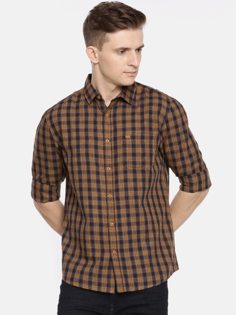 Chennis Men Mustard Yellow & Navy Blue Slim Fit Checked Casual Shirt