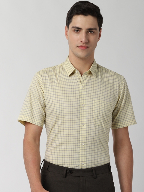 Peter England Men Yellow & Blue Regular Fit Checked Formal Shirt