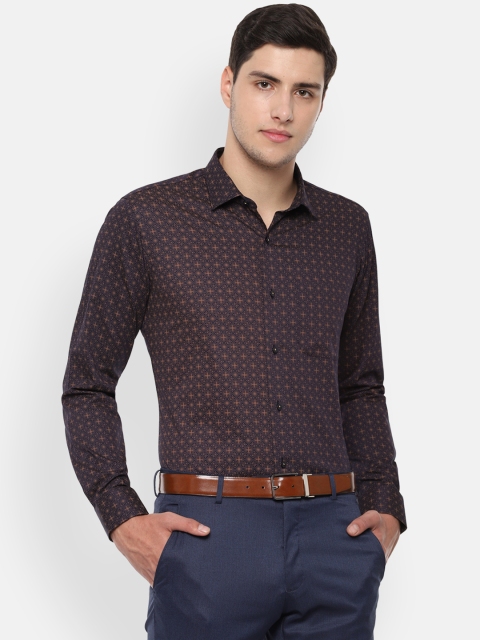 Van Heusen Men Navy Blue & Brown Slim Fit Printed Formal Shirt