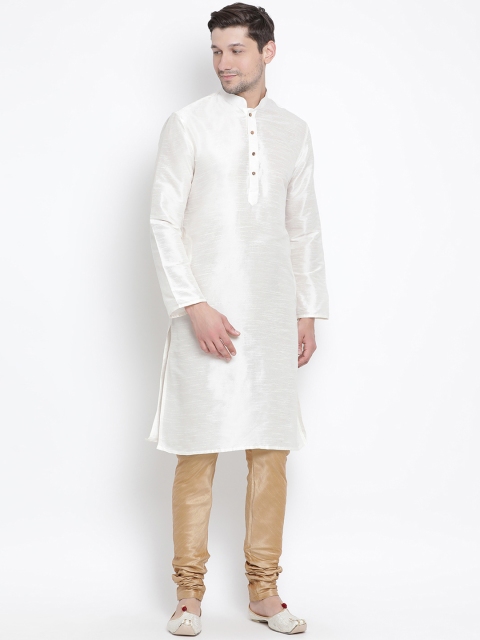 VASTRAMAY Men White & Beige Solid Kurta with Churidar
