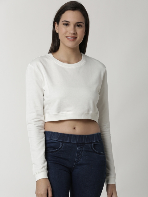De Moza Women Off-White Solid Crop Sweatshirt