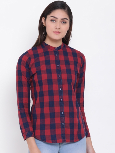 Crimsoune Club Women Red & Navy Blue Slim Fit Checked Casual Shirt