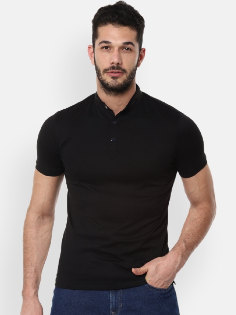 V Dot Men Black Solid Mandarin Collar T-shirt