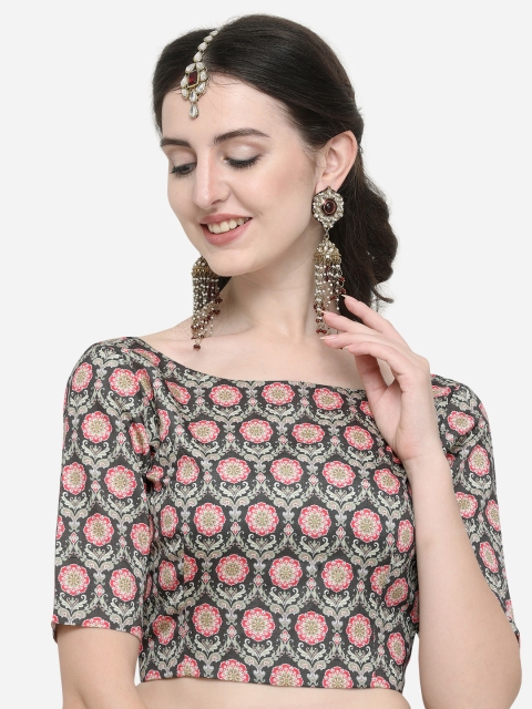 Janasya Women Green & Red Printed Saree Blouse