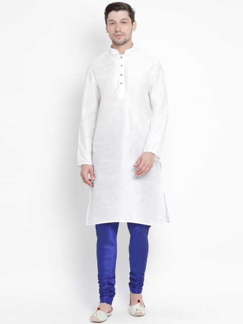 VASTRAMAY Men White & Blue Solid Kurta with Churidar