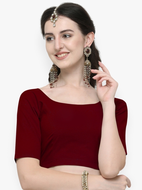 Janasya Women Maroon Solid Cotton Saree Blouse