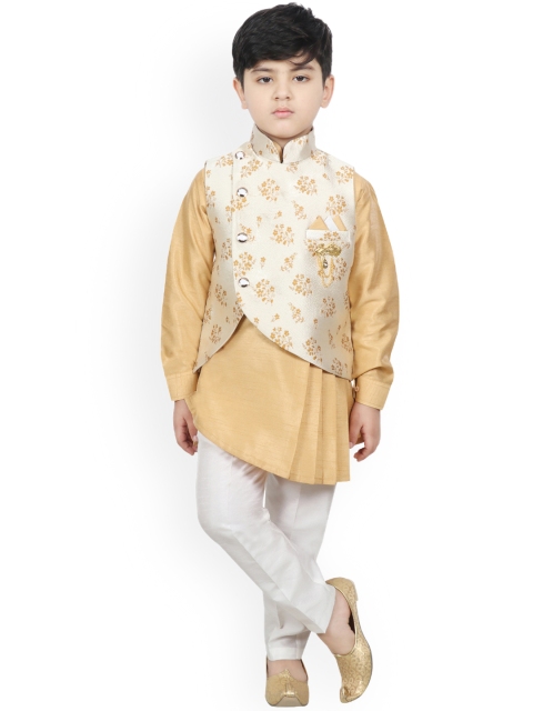 SG YUVRAJ Boys Beige & White Raw Silk Kurta Set with Nehru Jacket