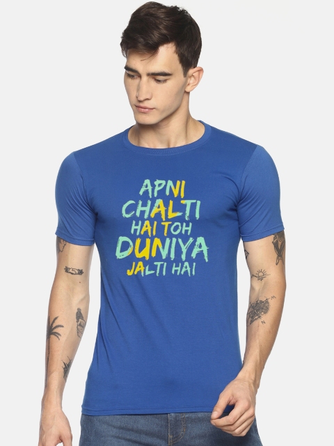 Le Bison Men Blue Printed Round Neck T-shirt