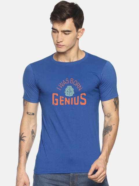 Le Bison Men Blue & Pink Printed Round Neck T-shirt