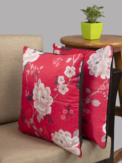 HOUZZCODE Red Set of 2 Floral Square Cushion Covers