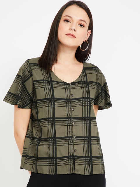 Fame Forever by Lifestyle Women Olive Green Checked Top