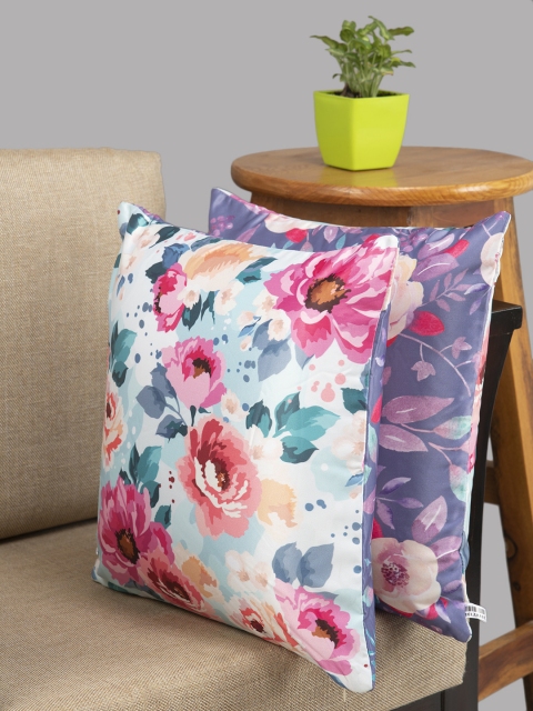 HOUZZCODE Purple & Pink Set of 2 Floral Square Cushion Covers