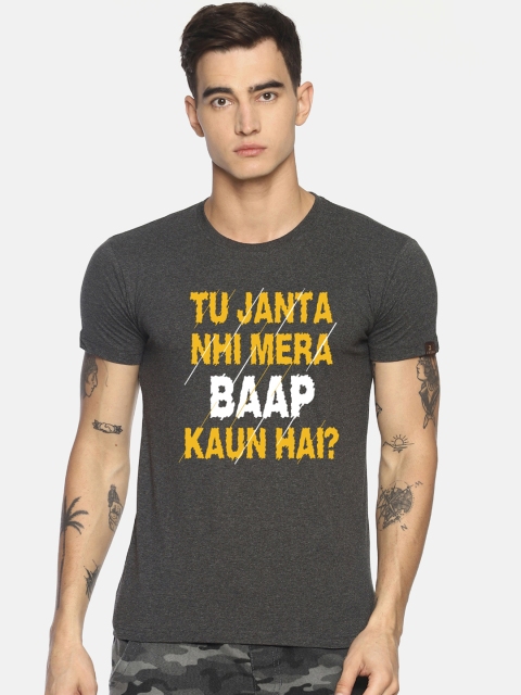 Le Bison Men Charcoal Grey & Yellow Printed Round Neck T-shirt