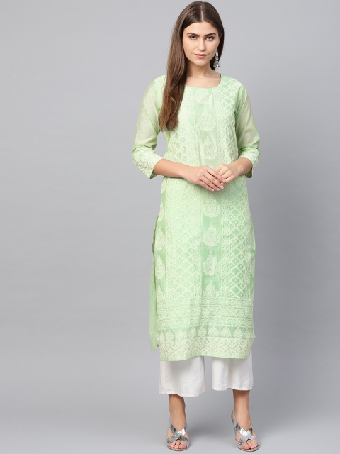 Varanga Women Lime Green Printed Chanderi Silk Straight Kurta