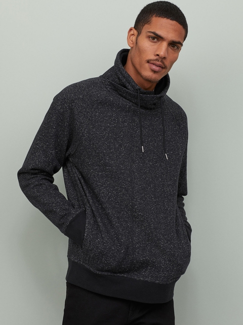 H&M Men Black Solid Funnel-Collar Sweatshirt