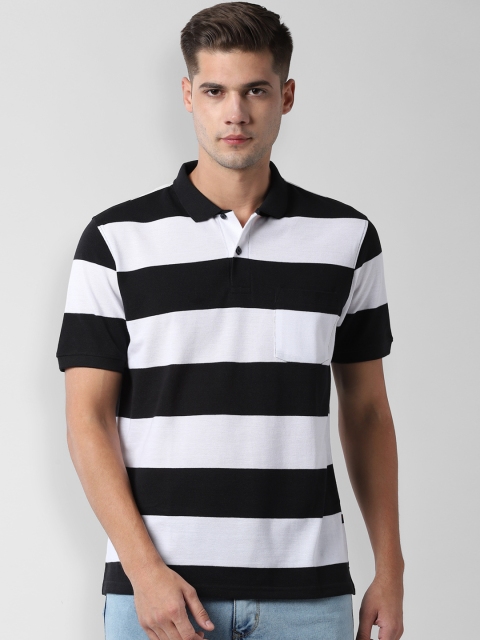 Peter England Casuals Men White & Black Striped Polo Collar T-shirt