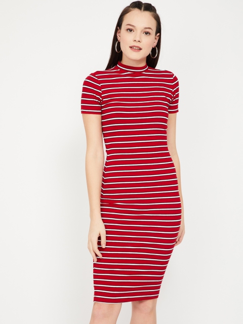 Ginger by Lifestyle Women Red & White Striped T-shirt Dress