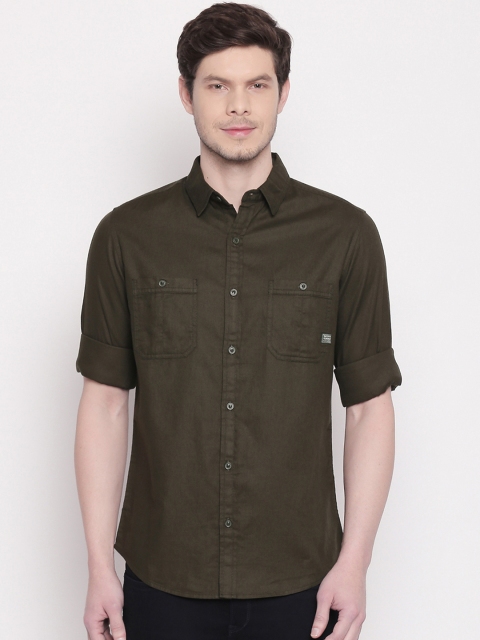 Mufti Men Olive Green Slim Fit Solid Casual Shirt