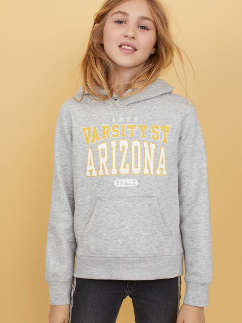 H&M Girls Grey Printed Hooded Sweatshirt