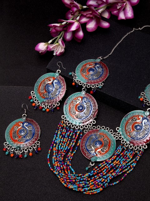 Moedbuille Oxidised Silver-Toned & Sea-Green Meenakari Beaded Afghan Tribal Floral Handcrafted Jewellery Set
Moedbuille Oxidised Silver-Toned & Sea-Green Meenakari Beaded Afghan Tribal Floral Handcrafted Jewellery Set