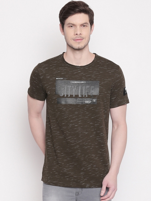 Mufti Men Olive Brown Self Design Round Neck T-shirt