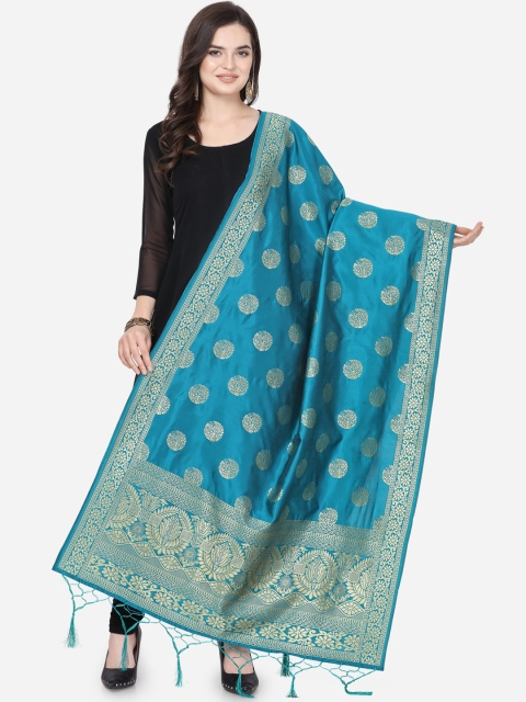 Satrani Turquoise Blue & Gold-Toned Woven Design Banarasi Dupatta