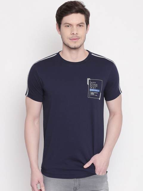 Mufti Men Navy Blue Striped Round Neck Slim Fit T-shirt