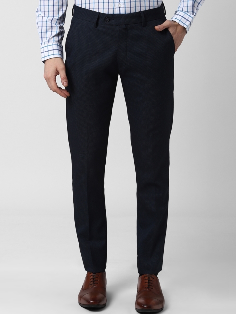 Peter England Men Navy Blue Slim Fit Self Design Regular Trousers
