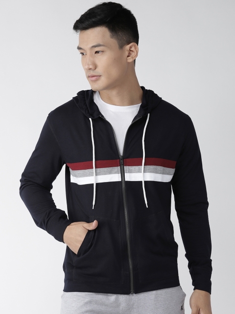 Hubberholme Men Navy Blue & Grey Striped Hooded Sweatshirt