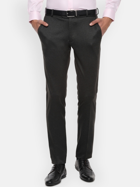 Van Heusen Men Charcoal Grey Slim Fit Self Design Formal Trousers