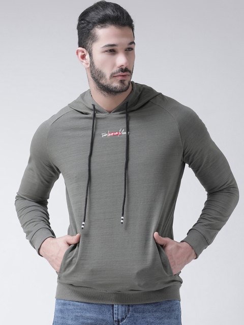 Rex Straut Jeans Men Olive Green Solid Hooded Sweatshirt