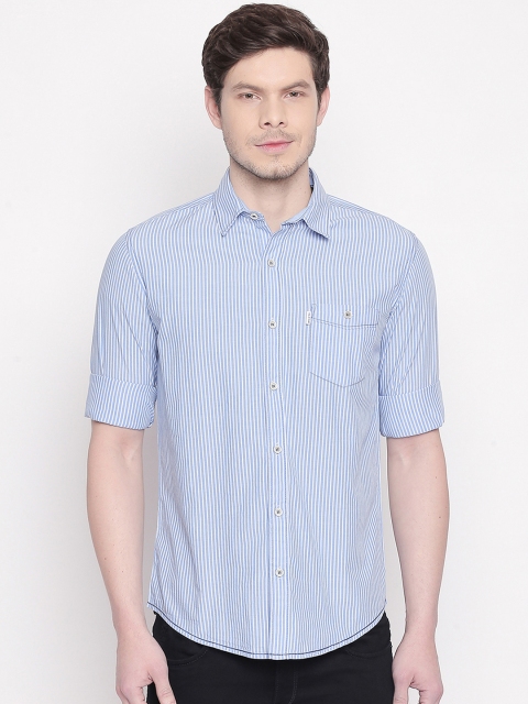 Mufti Men Blue & White Slim Fit Striped Casual Shirt
