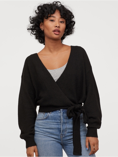 H&M Women Black Knitted Wrapover Cardigan