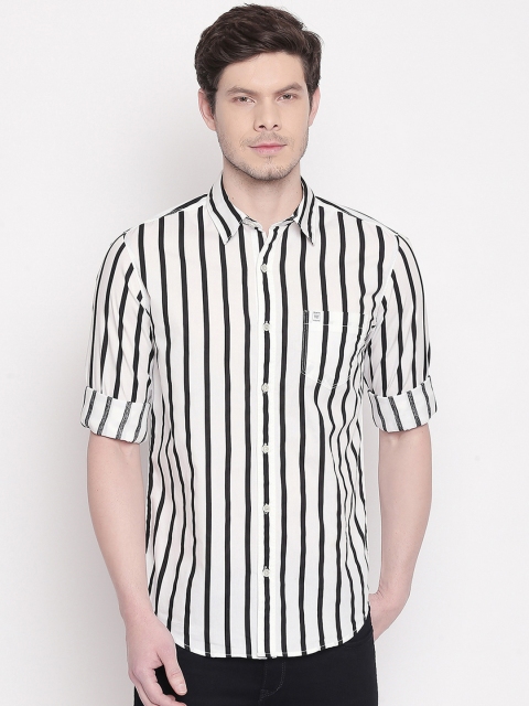 Mufti Men White & Black Slim Fit Striped Casual Shirt