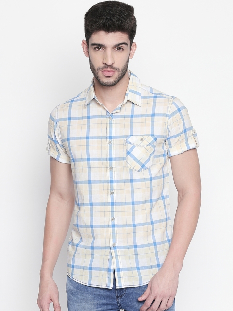 Mufti Men White & Yellow Checked Slim Fit Casual Shirt