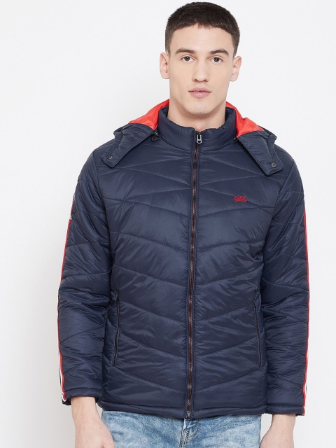 Okane Men Navy Blue Solid Puffer Hooded Jacket