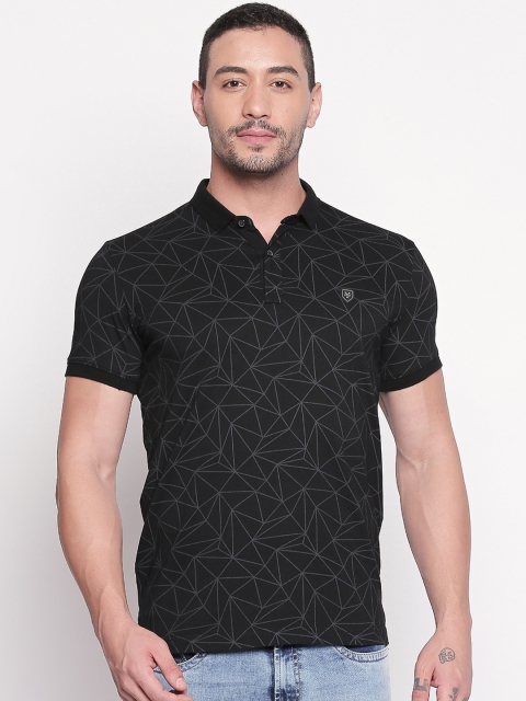 Mufti Men Black Printed Polo Collar Pure Cotton T-shirt
