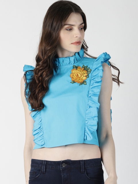 AARA Women Blue Printed Styled Back Ruffle Crop Top