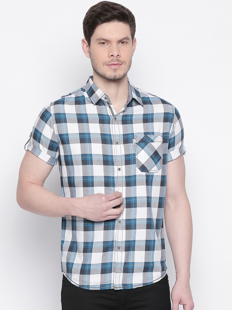 Mufti Men White & Blue Slim Fit Checked Casual Shirt