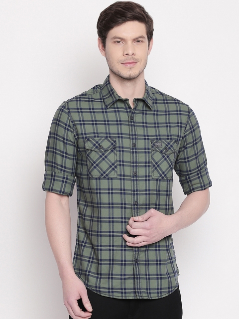Mufti Men Sea Green & Navy Blue Slim Fit Checked Casual Shirt