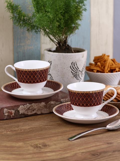 CLAY CRAFT Set of 6 White & Brown Printed Bone China Cups and Saucers Set