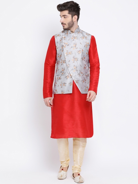 NAMASKAR Men Silver-Toned & Red Printed Kurta with Churidar