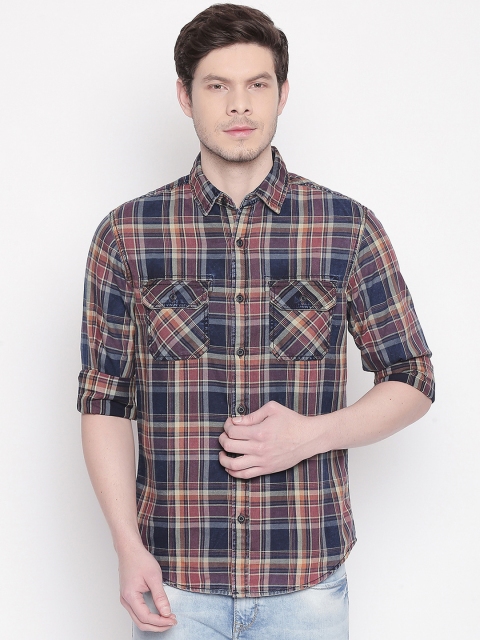 Mufti Men Blue & Rust Slim Fit Checked Casual Shirt