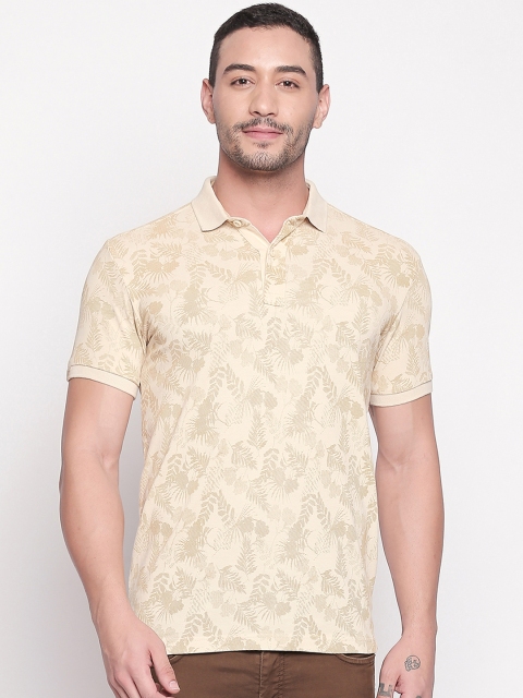 Mufti Men Cream-Coloured Printed Polo Collar Pure Cotton T-shirt