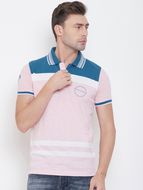 Duke Men Pink & White Striped Polo Collar T-shirt