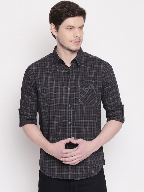 Mufti Men Black & Charcoal Slim Fit Checked Casual Shirt