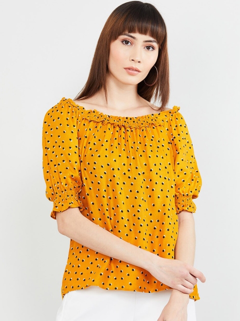 max Women Yellow & Black Printed Bardot Top