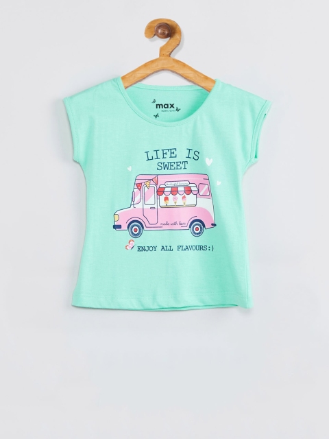 max Girls Sea Green & Pink Printed Top