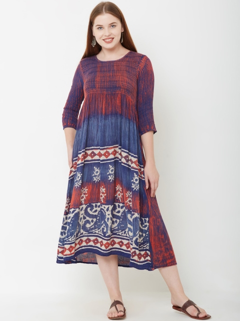 FASHOR Women Maroon & Blue Printed A-Line Kurta